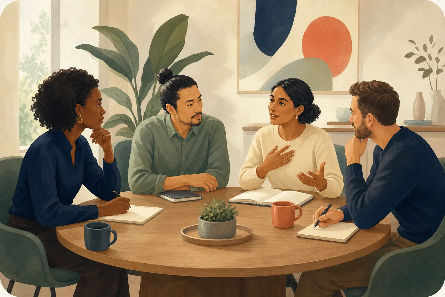 Four professionals practicing an important conversation together
