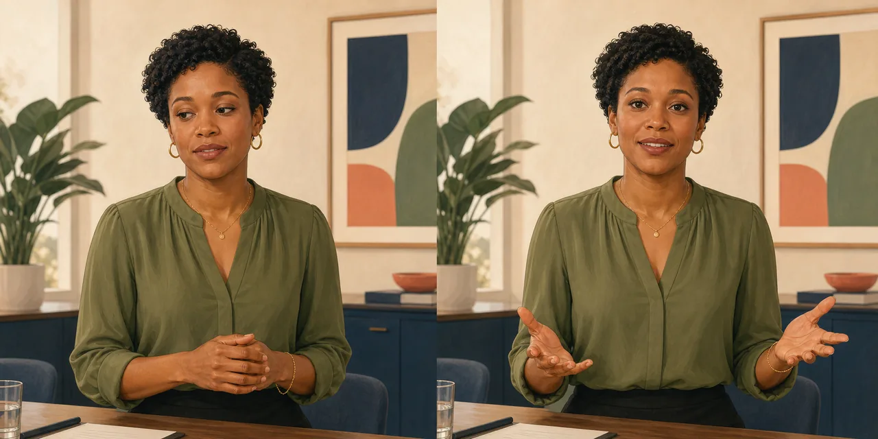 Amina delivering the example with her shoulders slightly drawn in and her hands held close