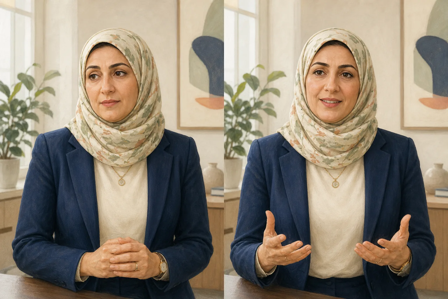 Leila delivering the example with a cautious posture and hands held together
