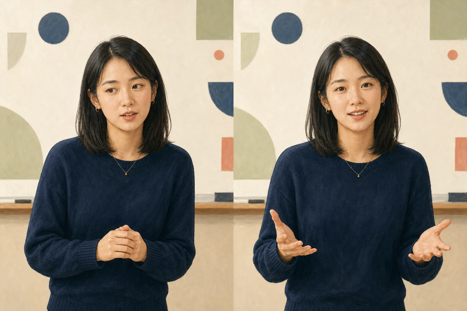 Hana delivering the example with shoulders slightly drawn in and hands close together