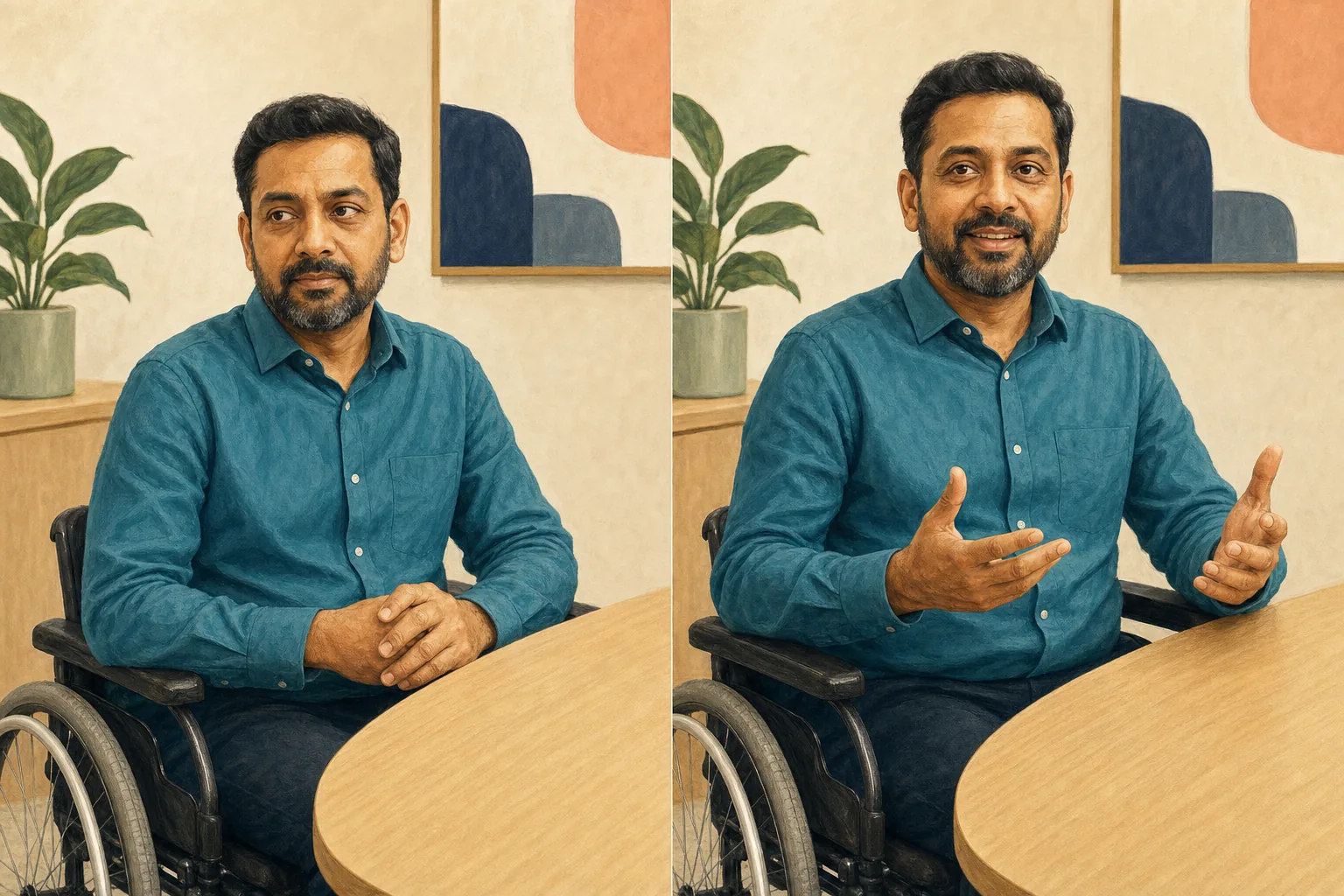 Ravi delivering the example from his wheelchair with tentative posture and hands held close