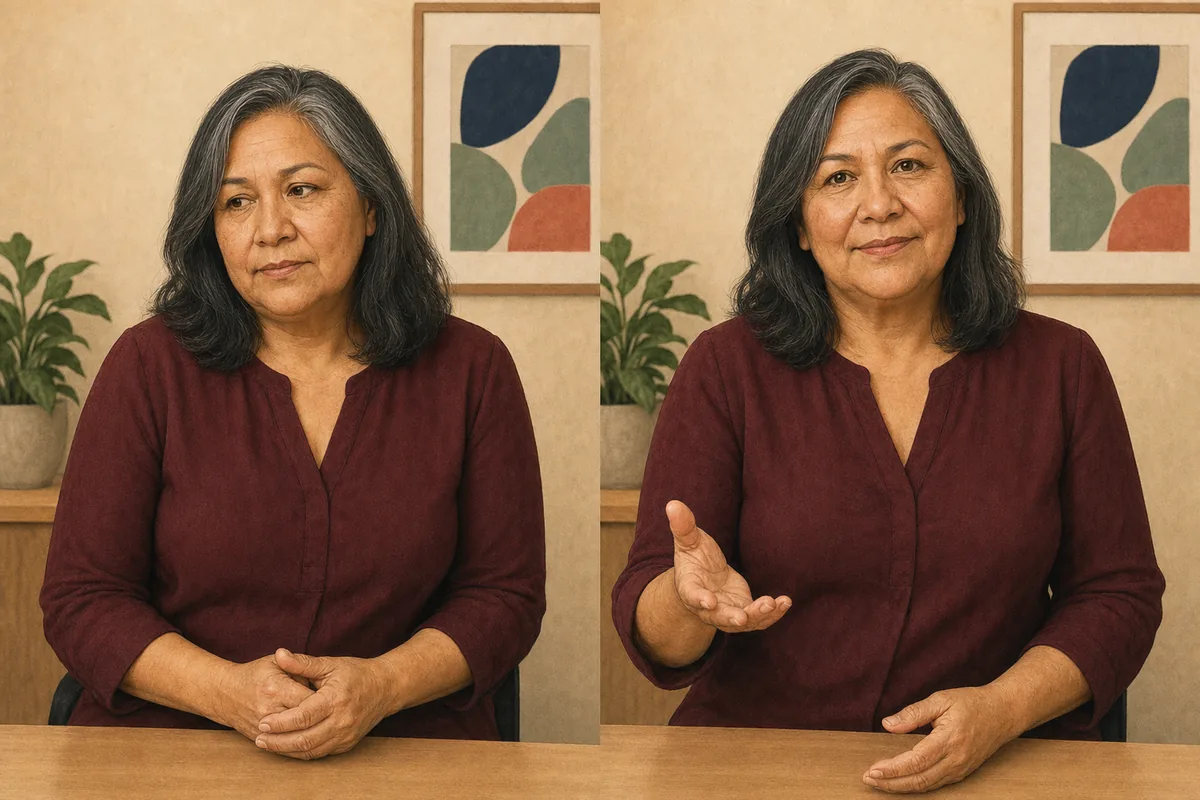 Mara delivering the example with a reserved expression and guarded posture