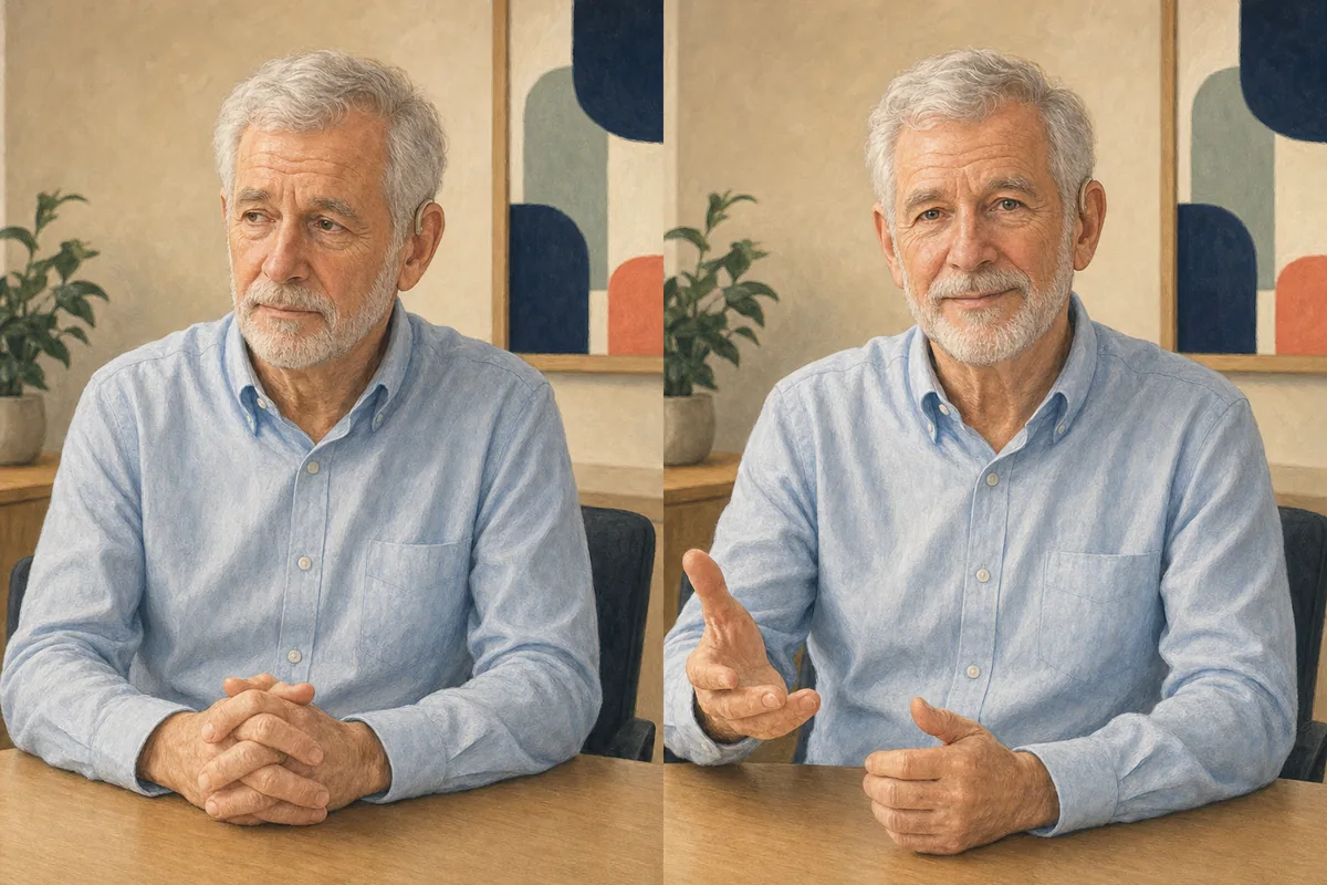 Thomas delivering the example with tentative eye contact and hands held close