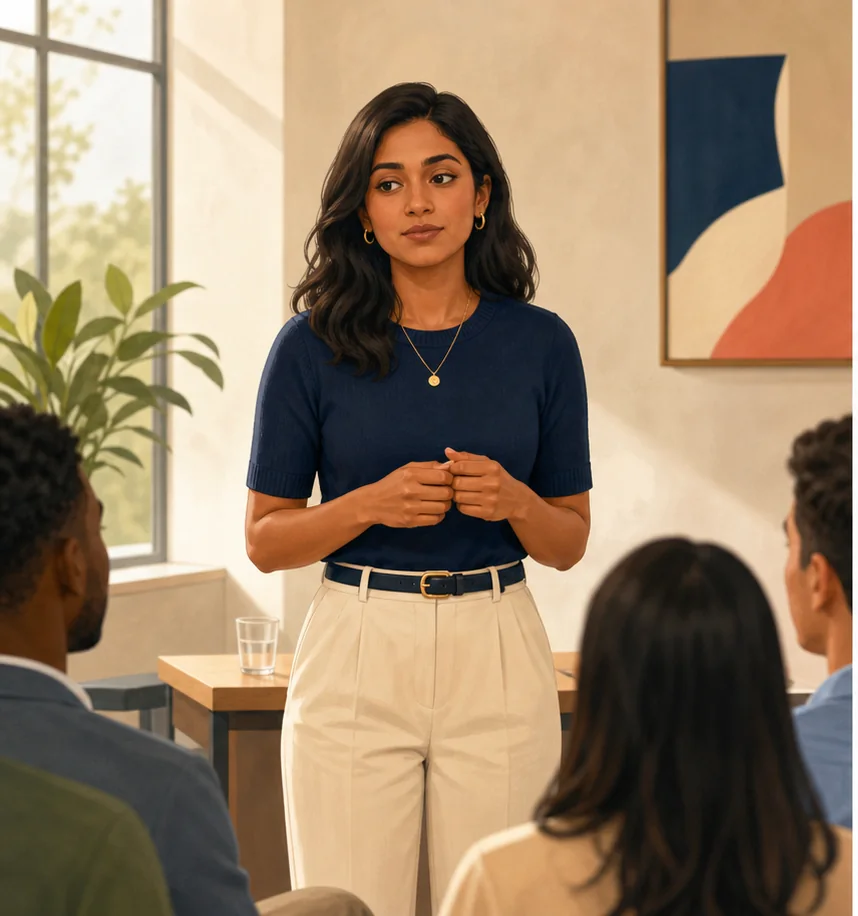 Maya delivering the example with guarded hands and a thoughtful, tentative expression